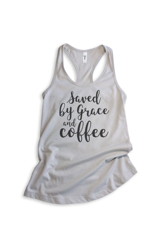 Saved By Grace And Coffee Tank Top, Ladies Racerback Tank Top, Coffee Tank, Caffeine Latte Espresso Tank, Silver Gray, Small