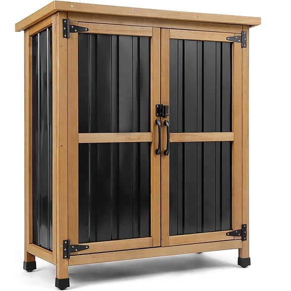 PETSCOSSET Outdoor Storage Cabinet Wooden Lockable Patio Cabinet with Adjustable Shelf