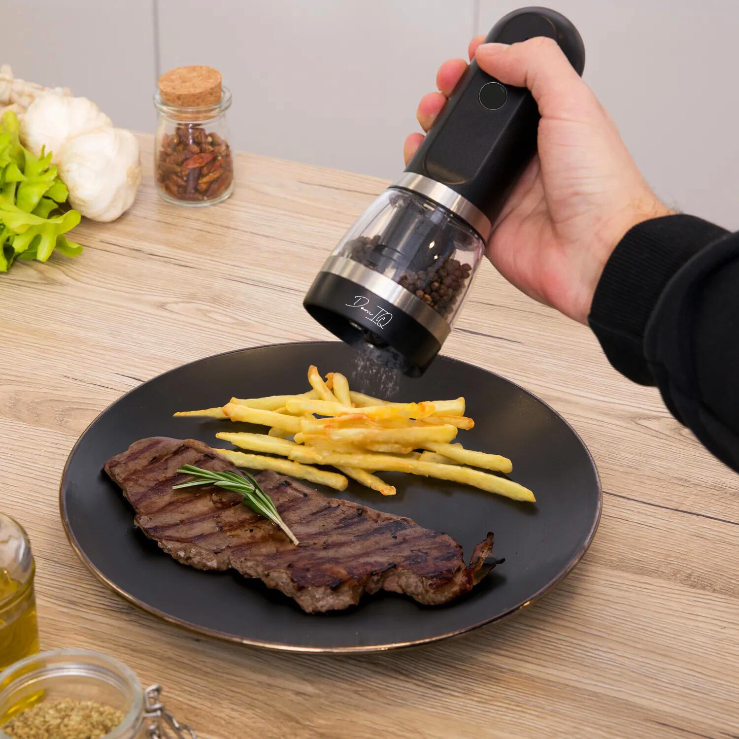 Electric Salt and Pepper Grinder Mill 2 in 1 - USB-C Rechargeable with Adjustable Coarseness, All in One Ceramic grinder with LED Light, One-Handed Operation, Refillable Compartments, Black