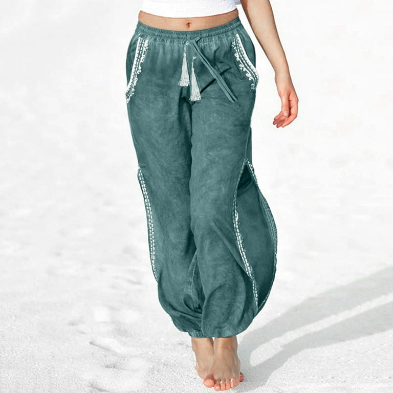 JDEFEG Womens Linen Beach Pants Women Casual Baggy Sweatpants High Waisted  Pants Trousers with Pockets Drawstring Track Pants Womens Work Pants Wide