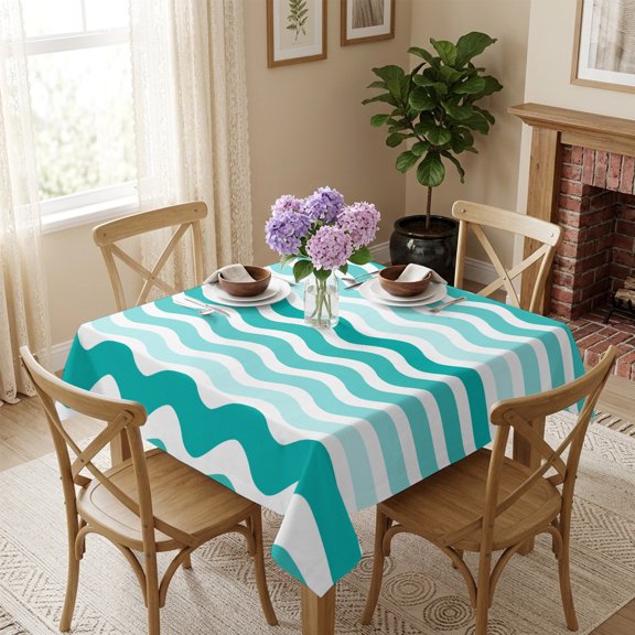 Gradient Green Moire Stripe Square Tablecloth 60x60 Inch Cyan Waterproof Polyester Table Cover, Washable Stain Resistant Tablecloth for Dining Table Kitchen Wedding