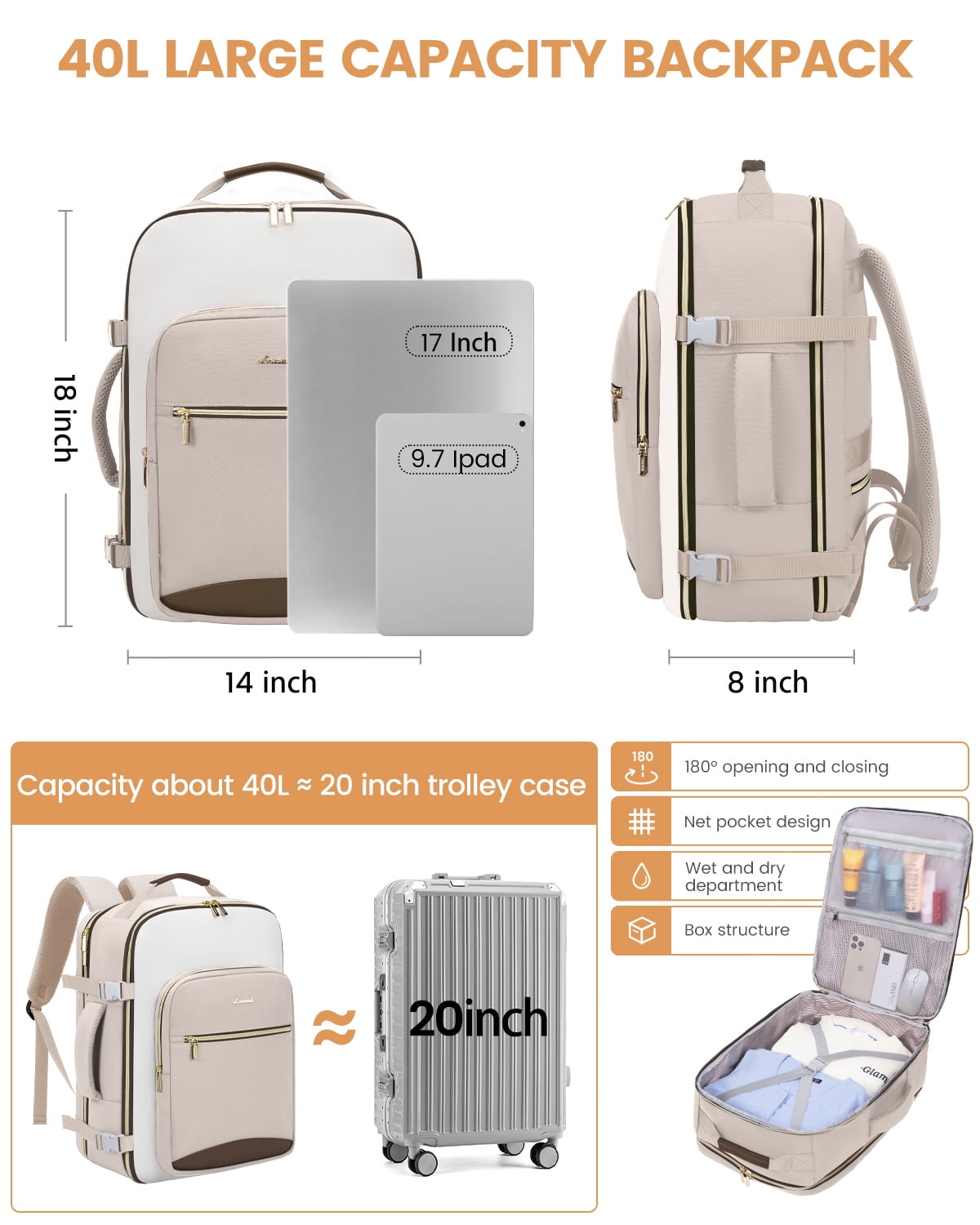 Lovevook Backpack Men Women, 40L Expandable Carry On Backpack Set Airline Approved, Larger Waterproof Suitcase Weekender Overnight Bag TSA Friendly
