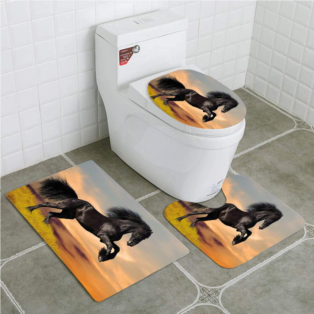 Erehome Horse Western Wildlife Theme Friesian Horse Galloping Idyllic Sunset Scenery 3 Piece Bathroom Rugs Set Bath Rug Contour Mat And Toilet Lid Cover Walmart Canada