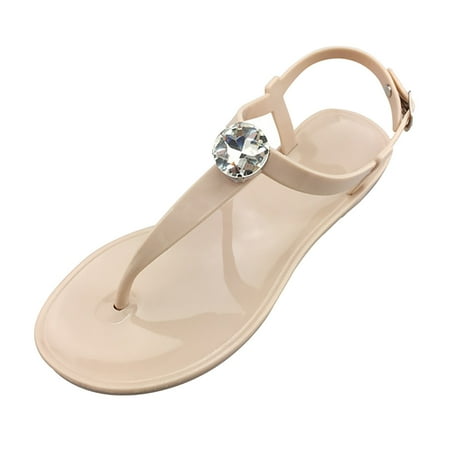 

Summer Sandals For Women 2023 Fashion Rhinestone Round Toe Buckle Strap Shoes Beige 37