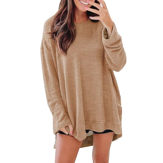 Breezora Haut à Manches Longues et Col Rond pour Femmes, Texture Gaufrée, Ourlet Fendu, Coupe Confortable, Chandail Décontracté, Blouse Extensible Douce, Taille m, Kaki