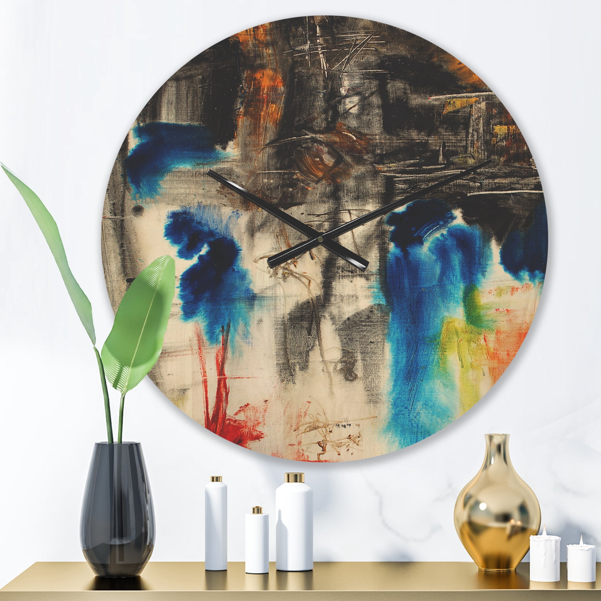 Designart 'Blue Black and Yellow Pattern ' Modern Wood Wall Clock