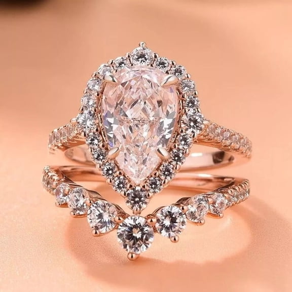 2Ct Pear Cut Simulated Diamond Bridal Set Wedding Band Ring In 14k Rose Gold Plated 925 Sterling Silver