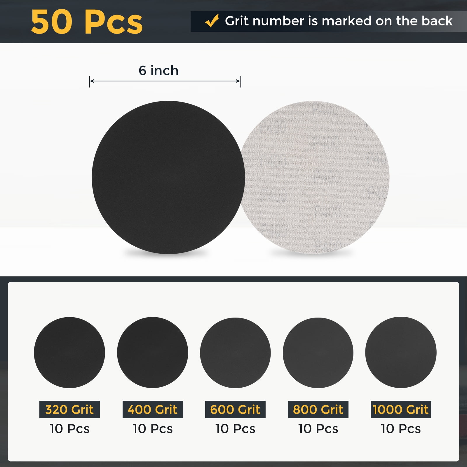 50 Pcs 6 Inch Sanding Disc 2000 Grit Hook and Loop Sandpaper Random Orbital Sander Pads for Woodworking Automotive Metal Polishing, Black