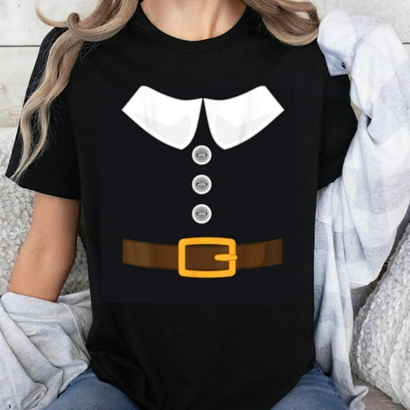 100% Cotton Pilgrim Costume T-Shirt Thanksgiving Day Outfit Funny Turkey Holiday Shirt Women Men Unisex Black Casual Top