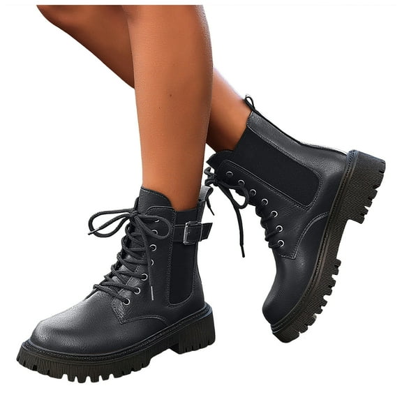 Combat Boots for Women Comfy Elastic Lace up Leather Fall Ankle Booties Buckle Strap Lug Sole Chunky Heel Round Toe Short Boots