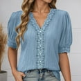 thumbnail image 2 of Women's Lace Trim V Neck Blouse, Puff Sleeve Button Down Shirt, Summer Dressy Top, Work Casual, 2 of 4