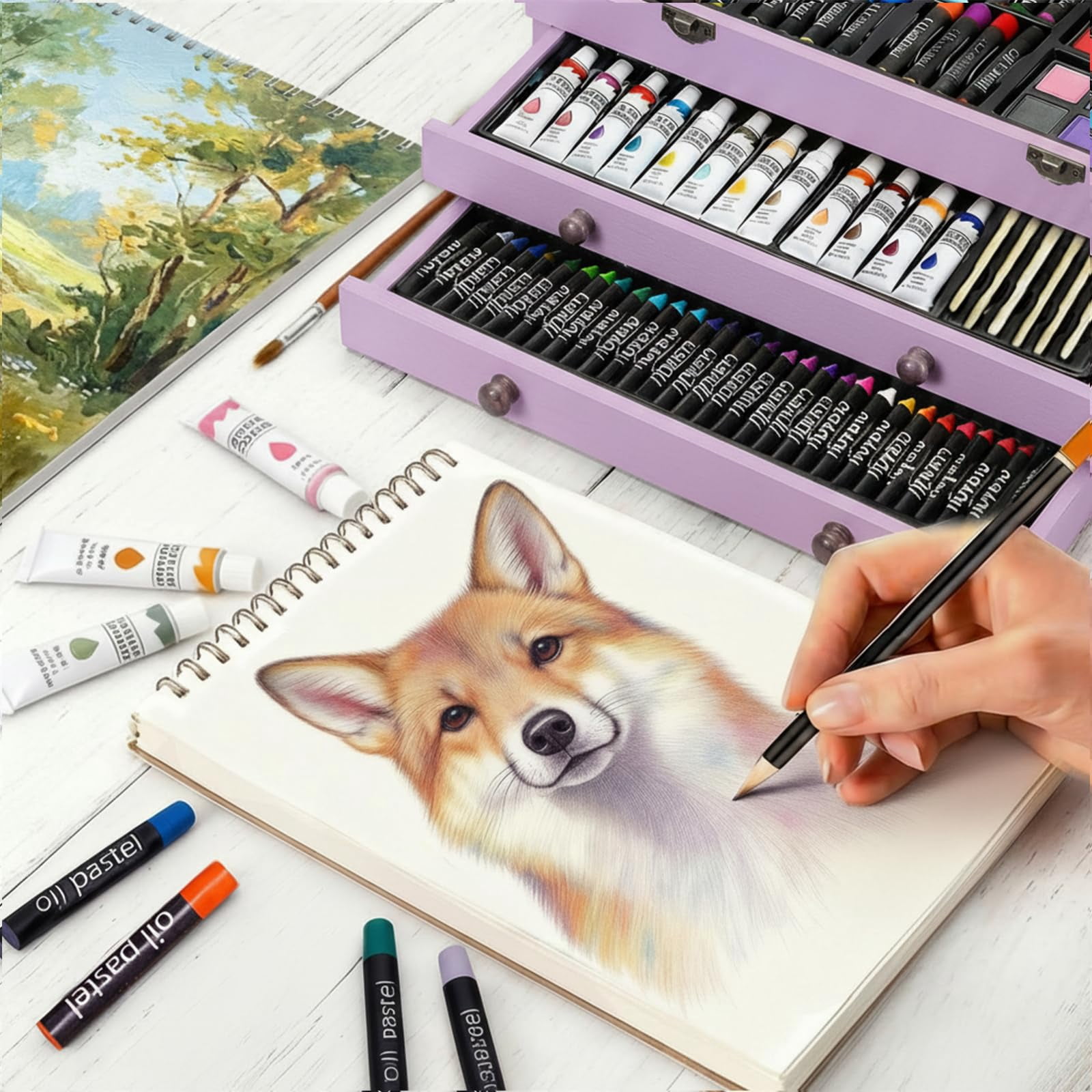 175-Pack Deluxe Wooden Art Set Drawing Painting Kit with 2 Drawing Pads, Acrylic Paints, Colored Pencils, Crayons, Paint Brush, Art Kit in Wooden Case, Gift for Artist, Adults, Teens and Kids