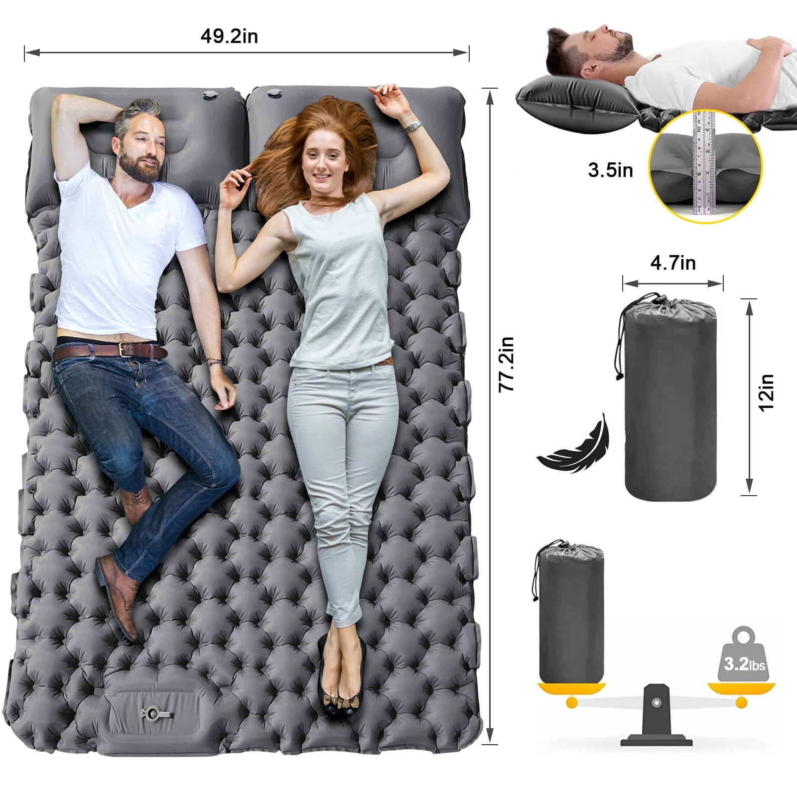 Eurhowing Double Sleeping Pad 4" Thick, 2 Person Inflatable Camping Mat with Foot Pump & Pillow, Portable Air Mattress for Backpacking Hiking Tent Travel, Gray