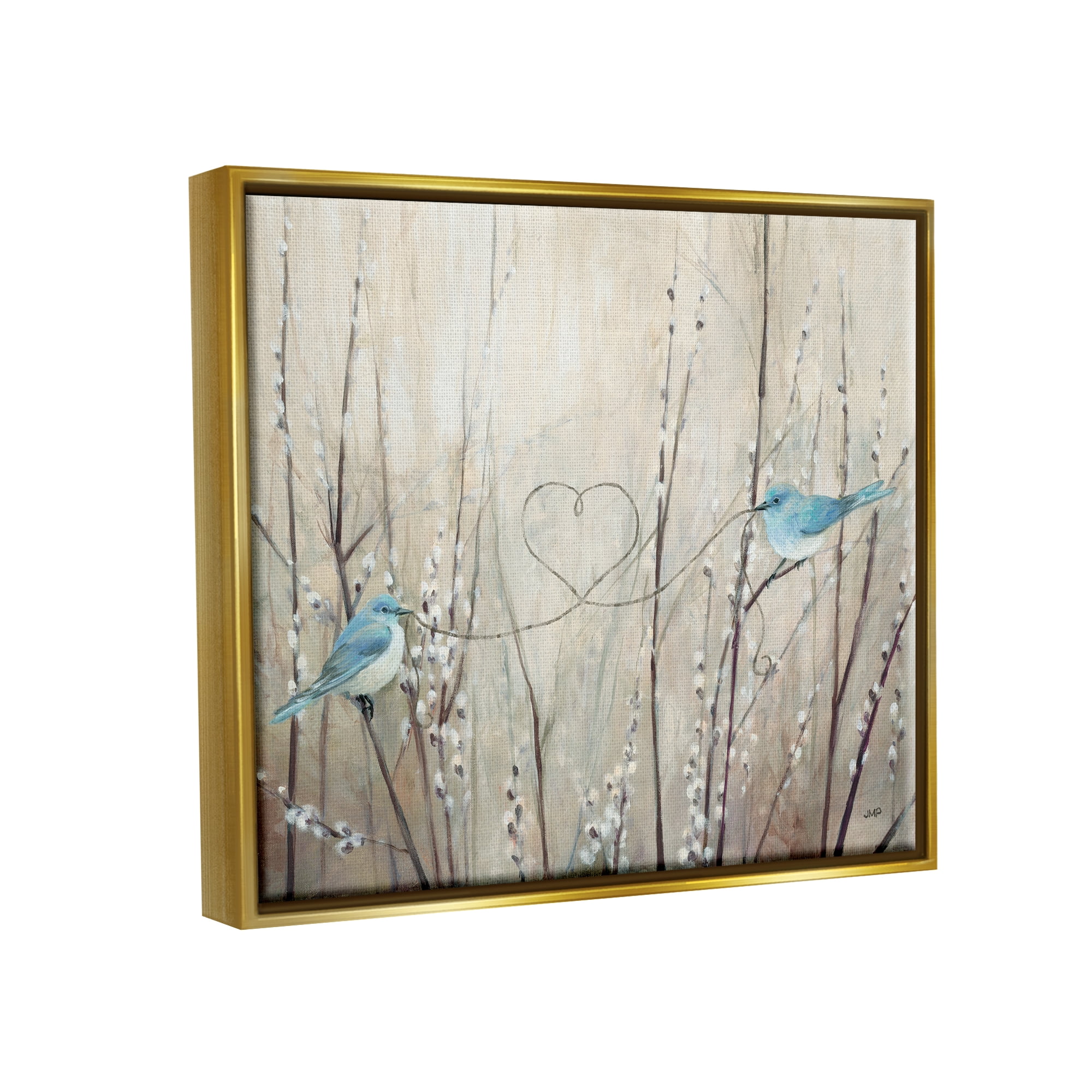 Stupell Industries Love Birds Heart Shape Animals & Insects Painting Gold Floater Framed Art Print Wall Art, 21 x 17