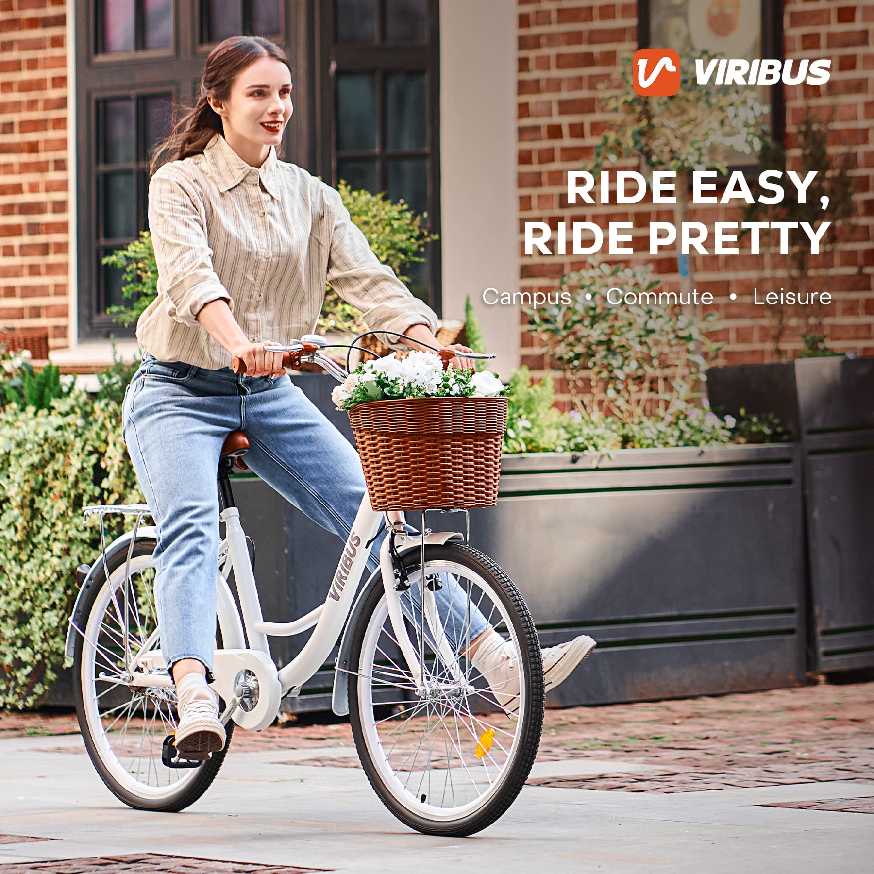 Viribus 24" City Cruiser Bicycle for Women with Carbon Steel Frame Dual V Brakes Basket for Women Adults,White