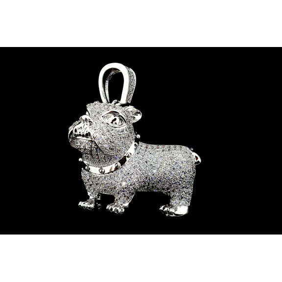 Mens 14k White Plated Fashion Micro Pave Bulldog Pendant with Steel Rope Chain