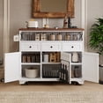 thumbnail image 3 of 46.5" Large Kitchen Island on Wheels with Drape of Beads, Power Outlet, Adjustable Shelves, Sturdy Kitchen Cart with Drop Leaf, 3 Doors, 3 Drawers and Built-in Iron Shelf for Dining Room, White, 3 of 10