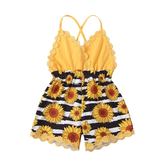 Odeerbi 2025 Toddler Kids Girl Vest Backless Sunflower Printed Romper Clothes Sunsuit Outfits