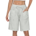 thumbnail image 2 of Womens Bermuda Jean Shorts Elastic Waisted Long Denim Short Knee Length Baggy Jeans Soft Cotton Blend for All Day Comfort. Beige L, 2 of 9
