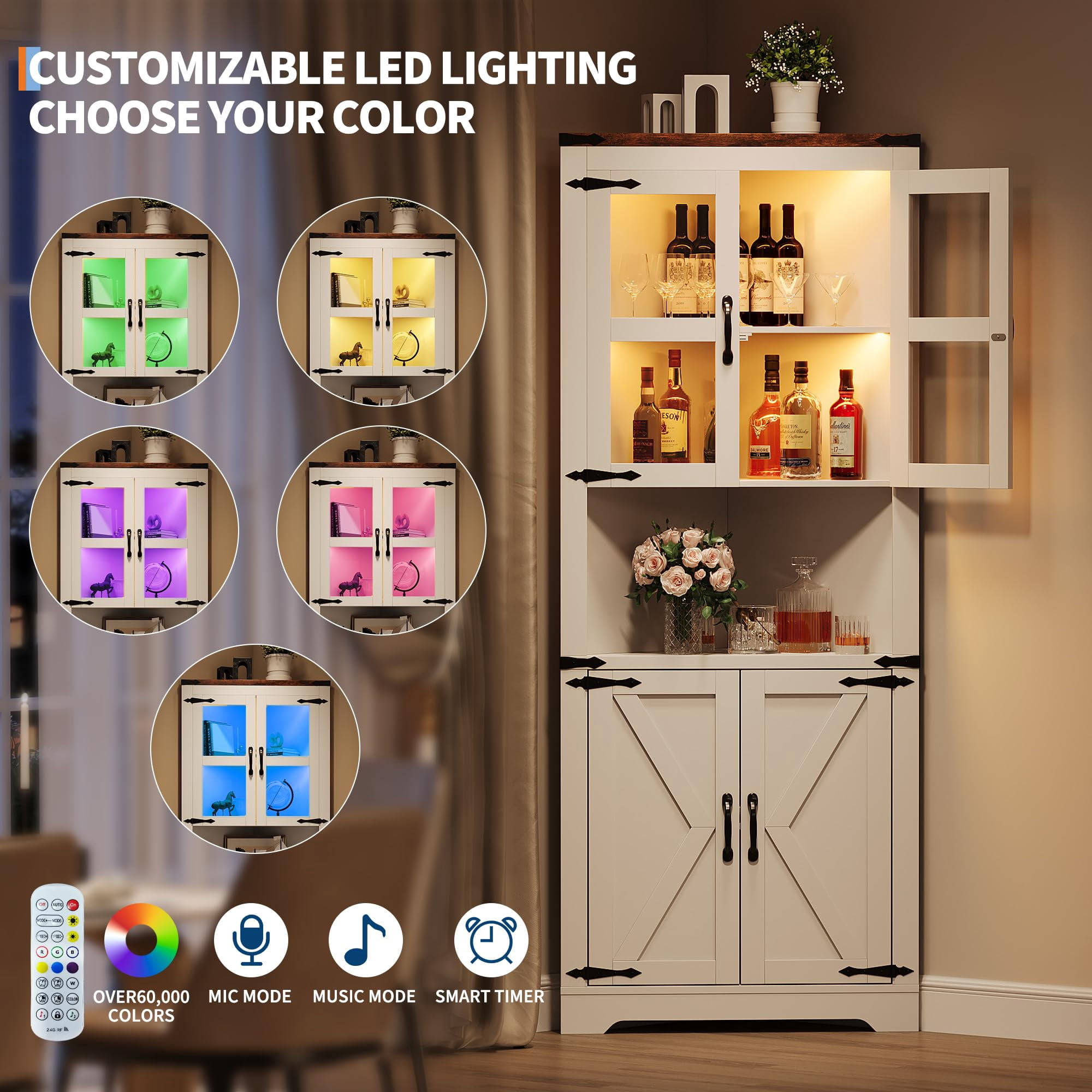Corner Storage Cabinet with Glass Doors, Double-Door Corner Cabinet, Corner Cabinet with Shelves, Corner Cabinet with Light Strips-white