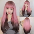 thumbnail image 2 of Peluca sintética recta con flequillo para mujer, pelo Natural largo, resistente al calor, Cosplay colorido, Ombre, Negro, Rosa, 2 of 4