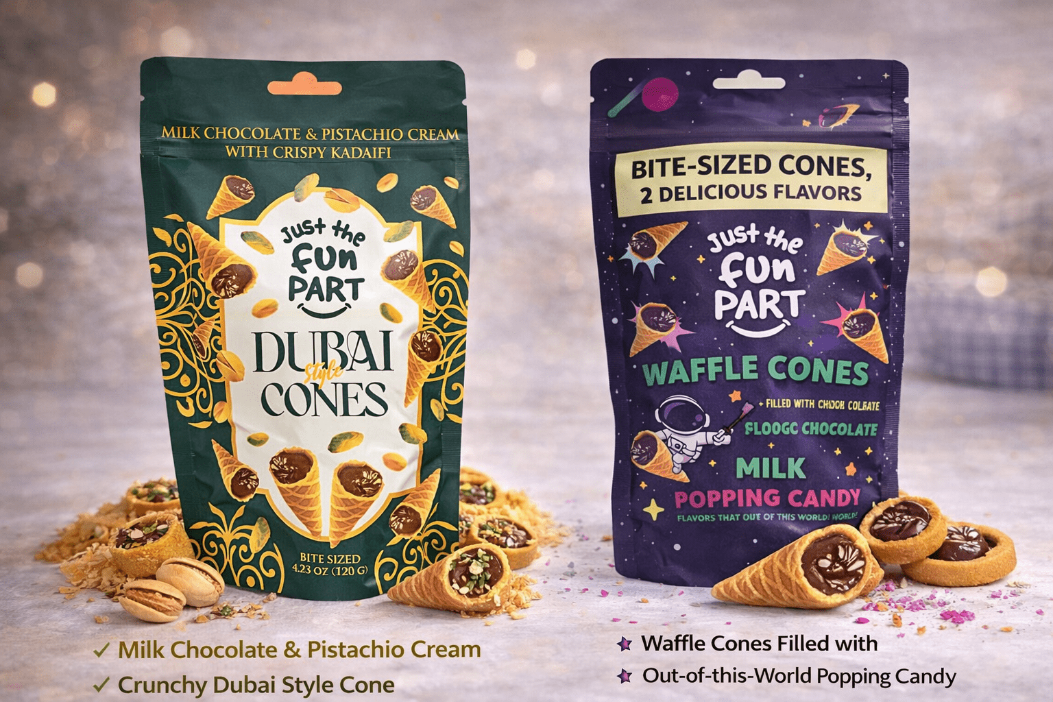 Just the Fun Part Dubai Cones & Waffle Cones Bite Sized 4.23oz 120g (2 Bags)