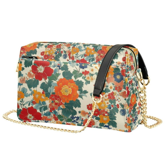 FORMRS Women Crossbody Purse with Chain Strap Vegan Leather Shoulder Handbag, Orange Japanese Flowers Pattern