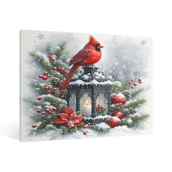 Vintage Christmas Northern Cardinal bird Wall Art Paint Framed - Retro Xmas Festive Winter Holiday Christmas Wall Decor Canvas Print for Living Room Kitchen Bathroom Home Bedroom Decor