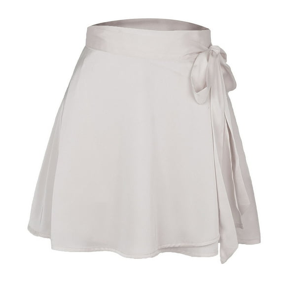 ZPAQI Women High Waist Satin Tie Wrap Solid Color A-Line Pleated Flared Hem Mini Skirt
