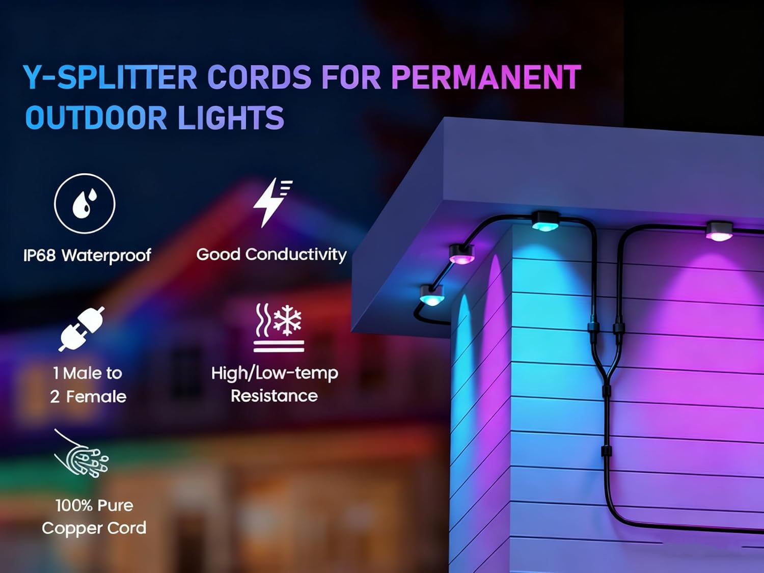 Y-Connector Splitter for Govee Permanent Outdoor Lights,Waterproof Extension Cord Compatible with Govee 3Pin and Y-Shaped Extension Cord (1, Black)