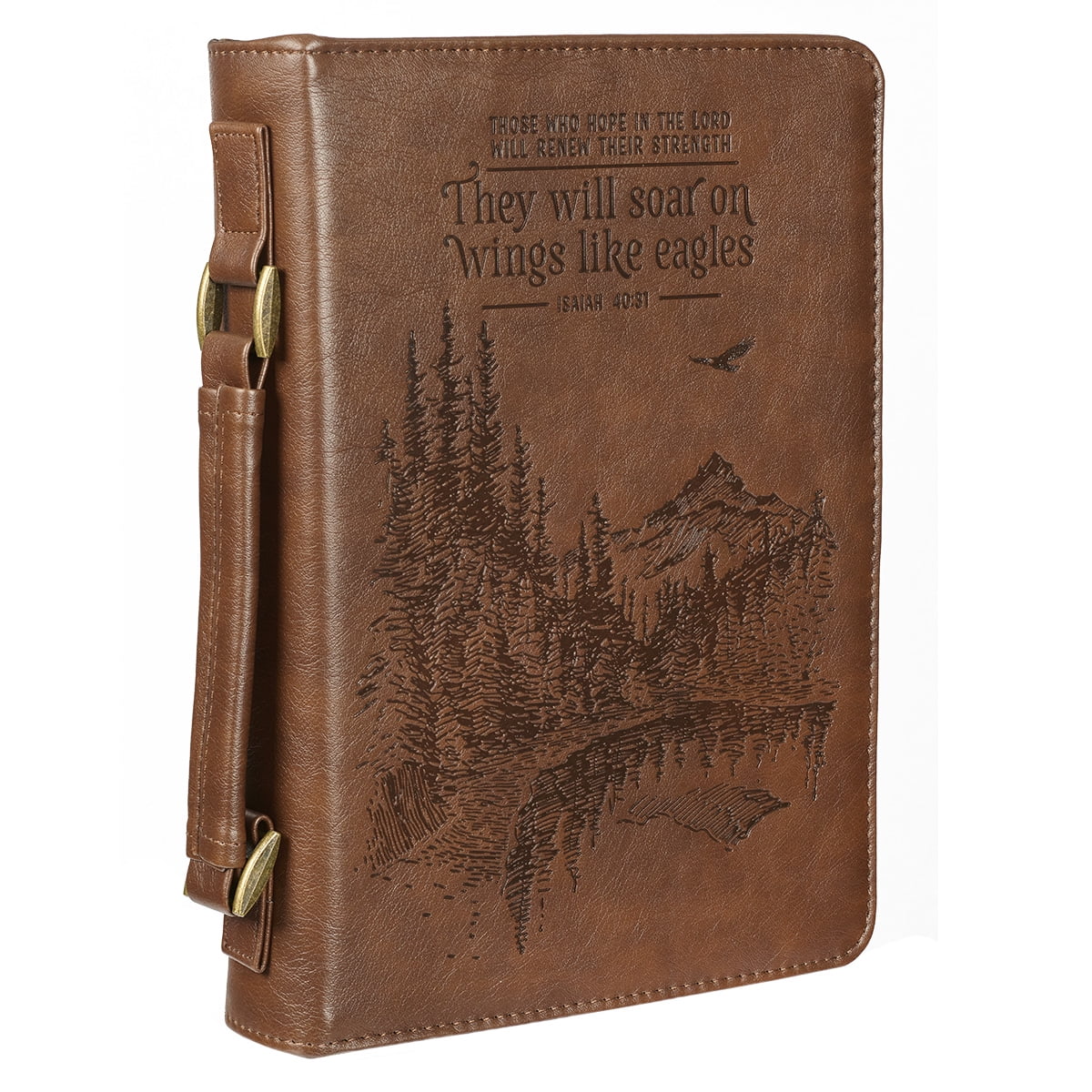 Christian Art Gifts Men's Classic Bible Cover On Wings Like Eagles Mountain Isaiah 40:31, Brown Faux Leather, XL