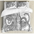 thumbnail image 1 of Octopus Duvet Cover Set Queen Size, Engraving Style Monochrome Image of a Sea Animal Holding a Bottle of Rum, Decorative 3 Piece Bedding Set with 2 Pillow Shams, White Charcoal Grey, by Ambesonne, 1 of 3