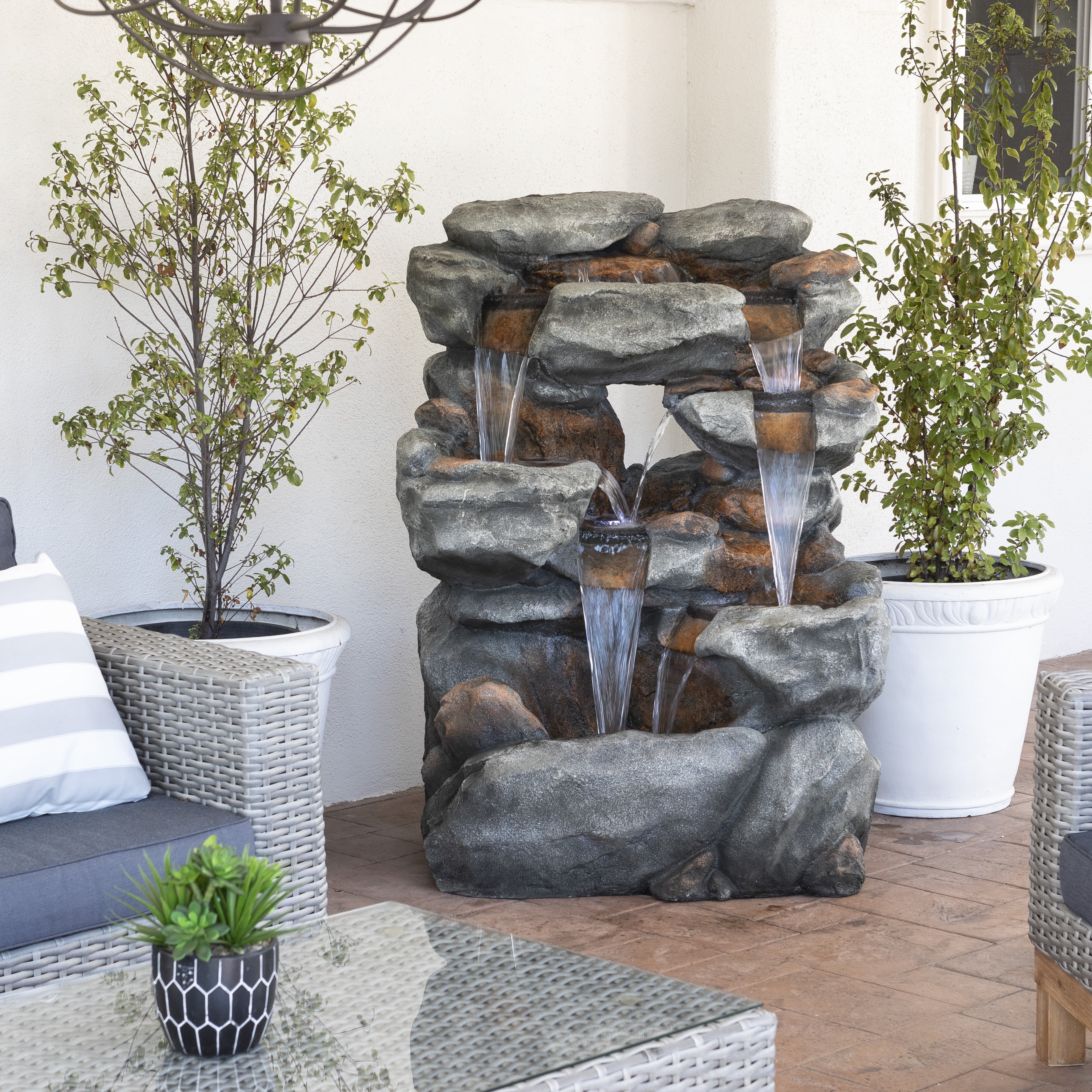 Alpine Five Tier Natural Look Rock Fountain with LED Lights, 54 Inch