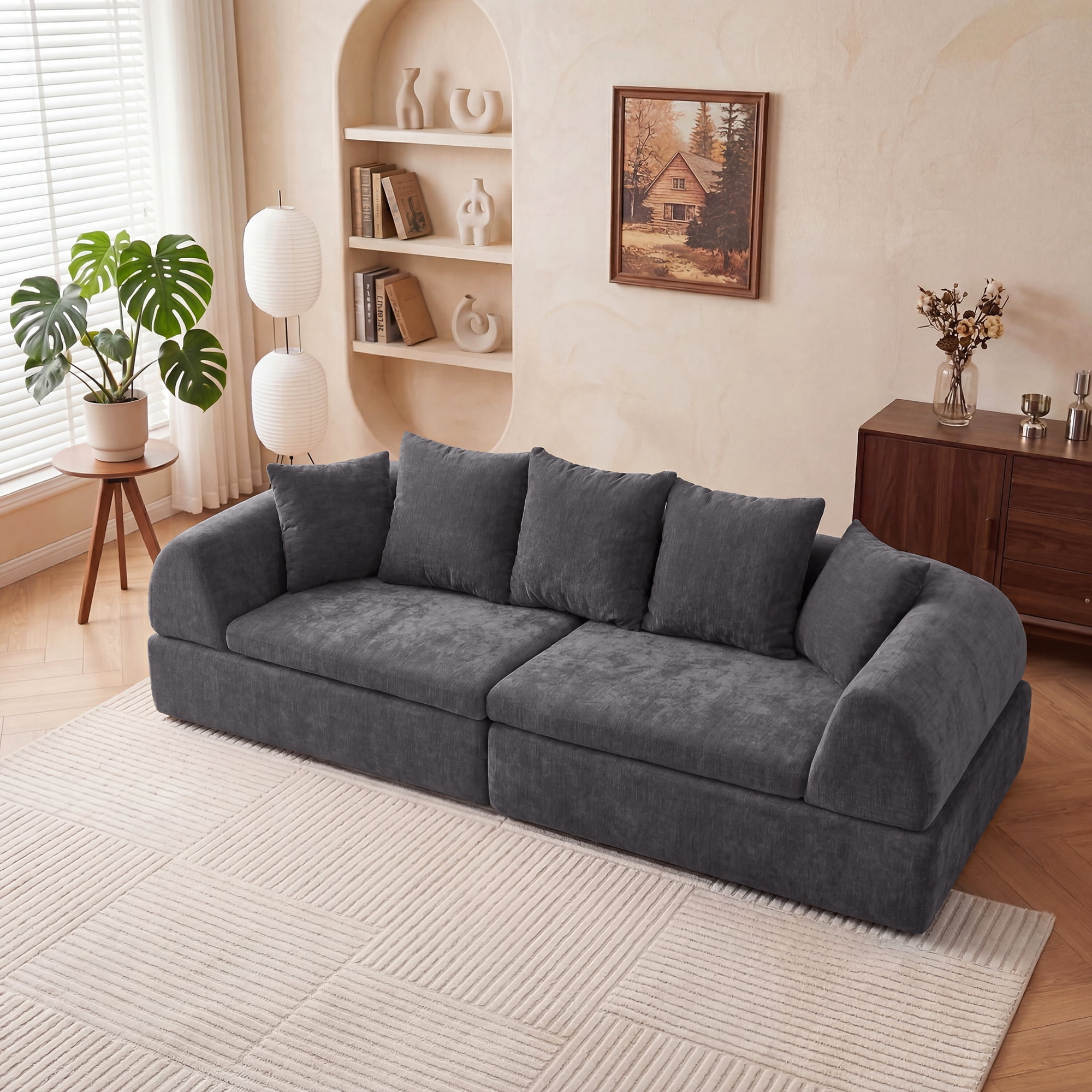 Leumius Cloud Sectional Sofa,3 Seater Boneless Couch with Deep Seat,Modern Sofa with 5 Pillows for Living Room Bedroom,No Assembly,Gray