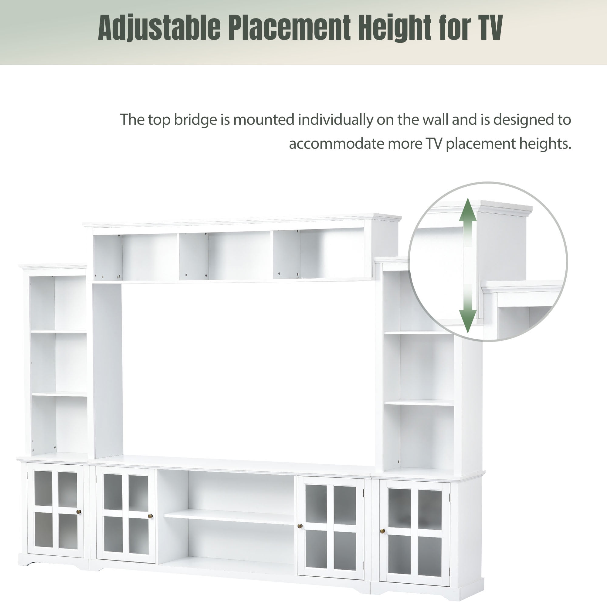 MAYEERTY 104*79"Large Wall Unit 3in1 TV Cabinet: Bookshelves, Cabinets, Open Shelves, Supports TVs Up to 66", White