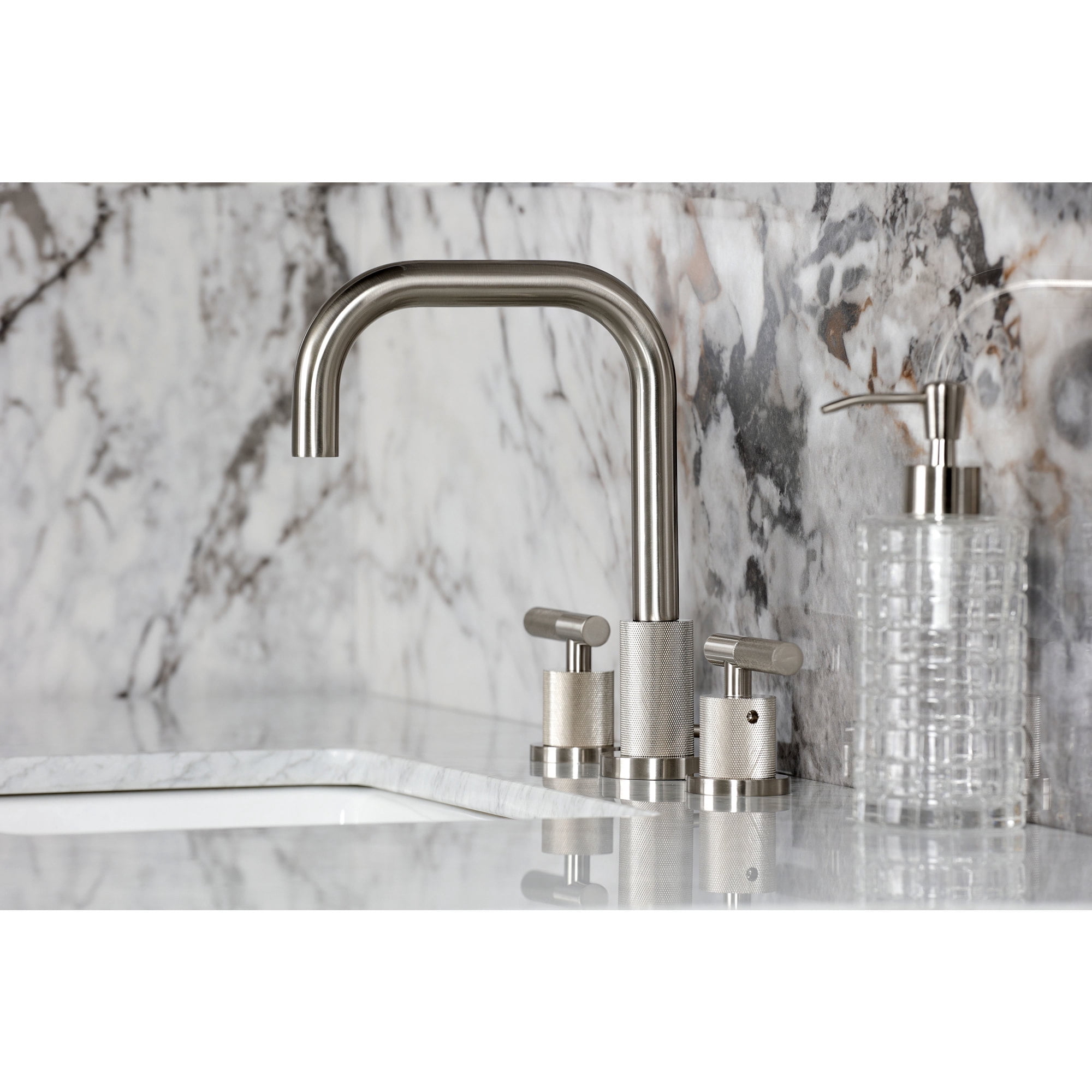 Kingston Brass FSC8938KNL Convergent Two-Handle 3-Hole Deck Mount Widespread Bathroom Faucet with Knurled Handle and Brass Pop-Up in Brushed Nickel
