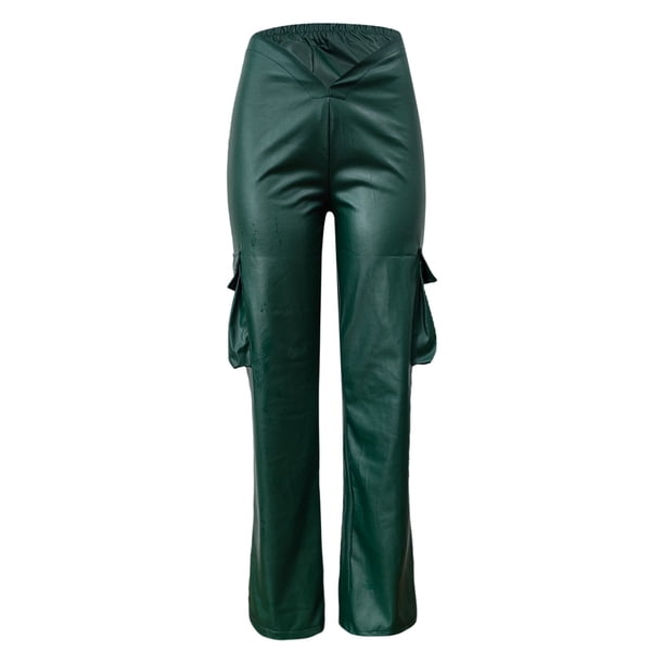 Gibobby Pantalones cargo para mujer Pantalones de mujer Pantalones de cuero de trabajo casual Pantalones de cuero de bolsillo elásticos de moda(Verde,XL)