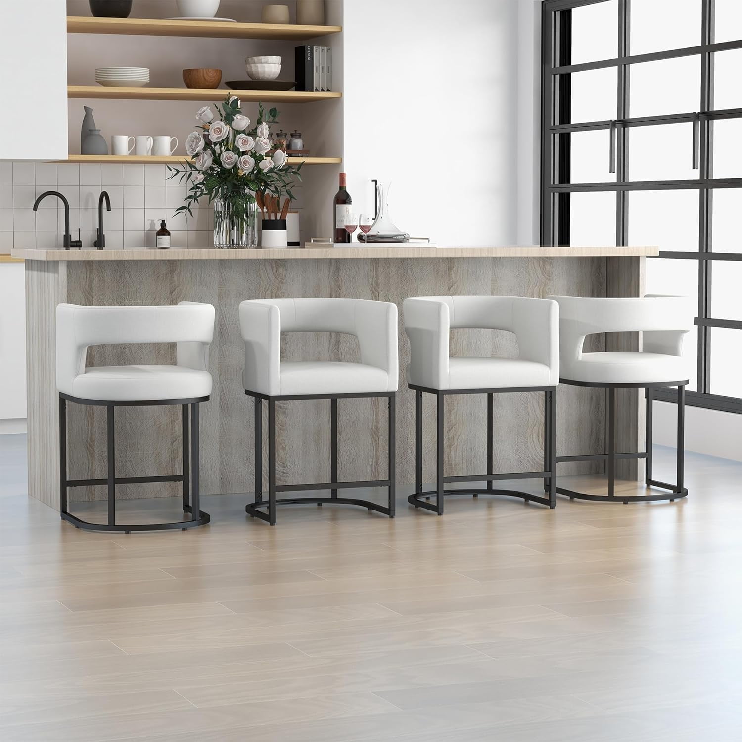 Westice Counter Height Stools Set of 2 for Kitchen Island, 25" Barral Bar Stools with Backrest, Black Metal Frame, Upholstered Linen Fabric Seat for Pub, Club, Dining Room, Beige