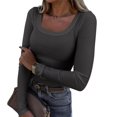 thumbnail image 2 of larppty Womens Long Sleeve Scoop Neck Ribbed Knit Fitted Casual Tops Tee Slim Basic Shirts Dark Gray, L, 2 of 5