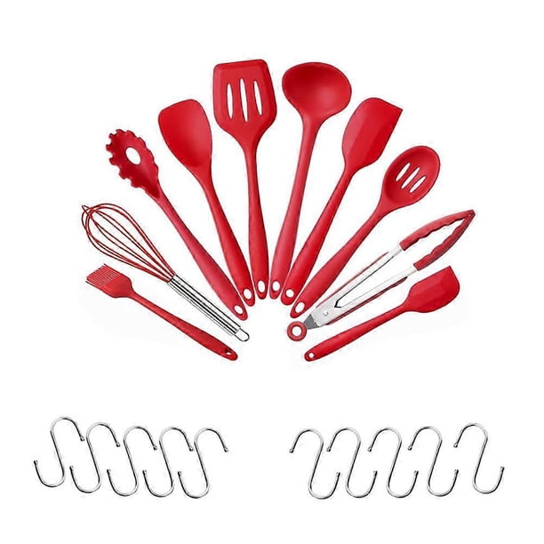 20 pcs Silicone Kitchen Utensils,Cooking Tool Set Heat Resistant Silicone Kitchenware, Non-Stick Kitchen Baking Tools 10 Sets + 10 S Hooks - Red