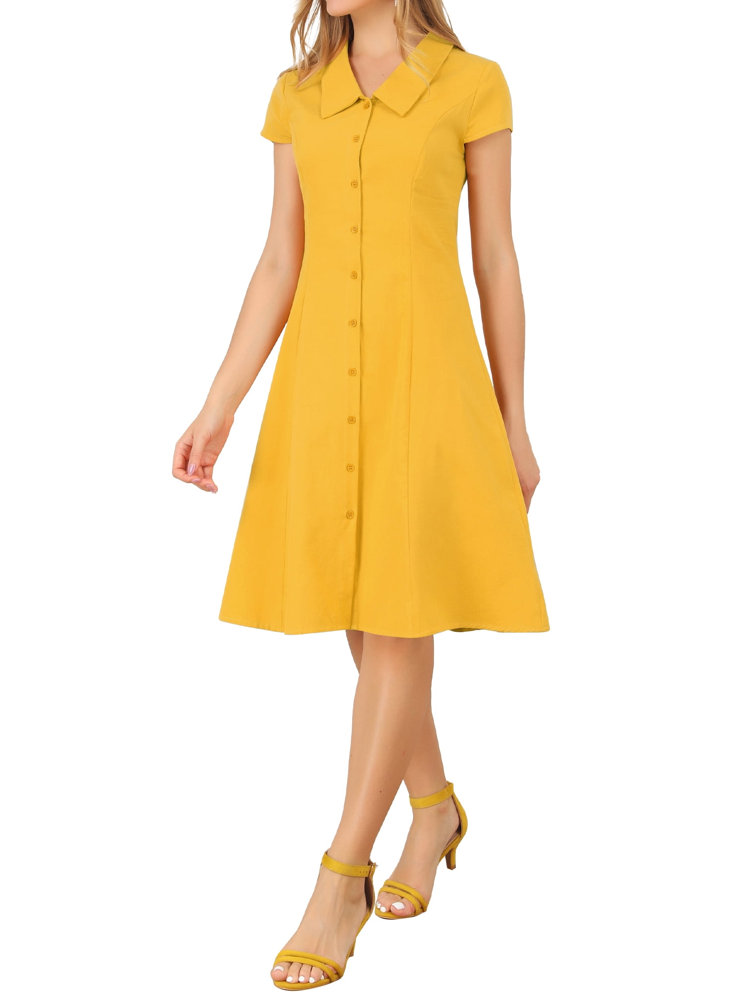 Unique Bargains Women's Cotton Cap Sleeve Button Down Midi Dress