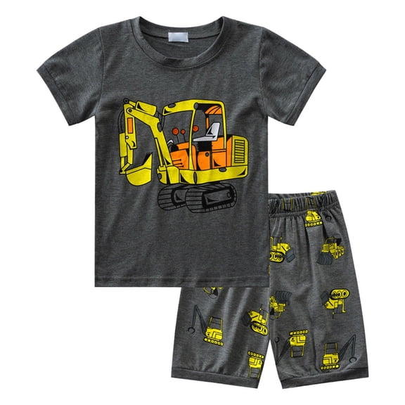GiLiling Boys Short Sleeve Home Outfit Set - Excavator Print T Shirt with Shorts 2 Piece Loungewear Clothing Set (Grey, 3-4 Years)