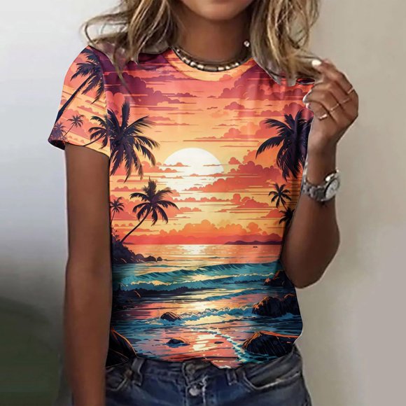 Fiudx Ropa de Mujer Tops con Estampado de Moda para Mujer, Blusa de Manga Corta con Cuello Redondo, Camisetas
