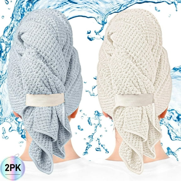 BAKIBO Large Microfiber Hair Towel Wrap for Women, Anti Frizz Hair Drying Towel with Elastic Strap, Fast Dry, Super Absorbent, Quick Dry Hair Turban for Wet, Curly, Long and Thick Hair(2Pack)