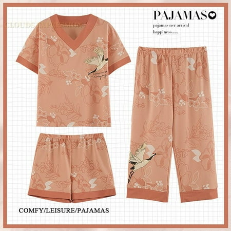 

QWZNDZGR Summer New Capris 3 Piece Sets Elegant Women Sleepwear Short Sleepwear Floral Female Pajama Sets Pyjamas Loose Home Pijama Mujer