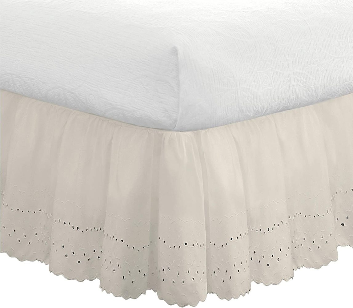 Eyelet Bed Skirt Dust Ruffle Embroidered Details, Extra Long 18" Drop