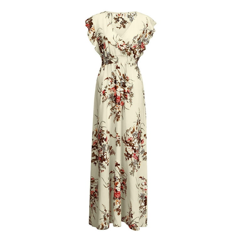 Brnmxoke Summer Dresses for Women 2025 Plus Size Wedding Guest Dress Casual Boho Floral Print Sleeveless V-Neck Maxi Beach Sun Dress Yellow,XXXL,
