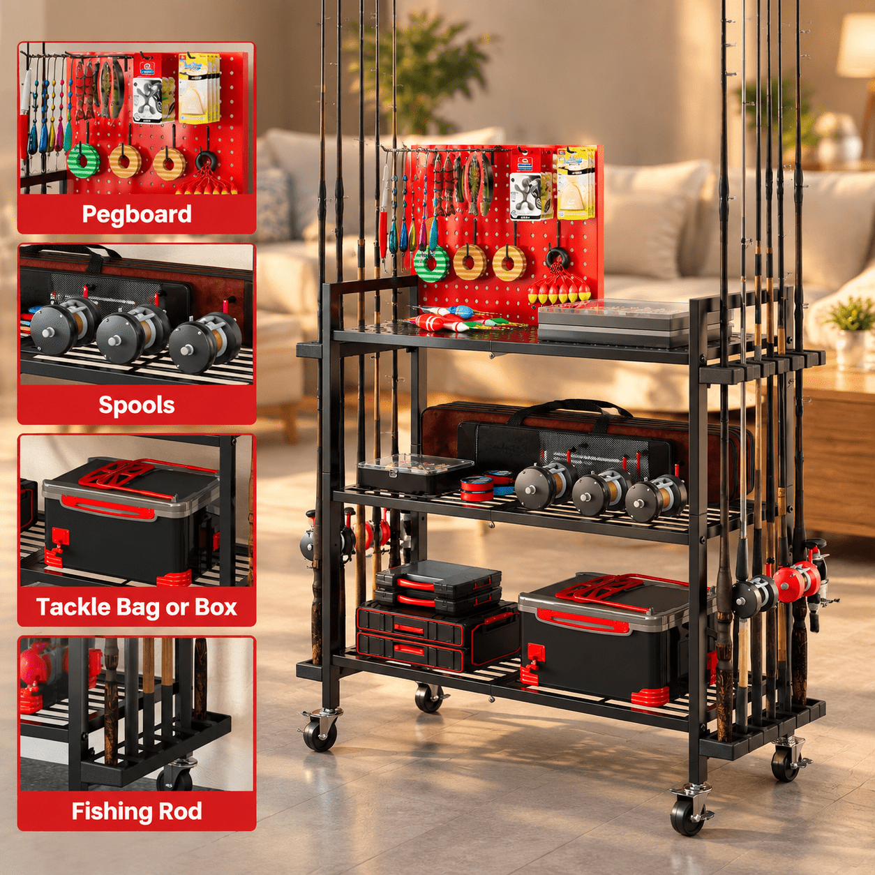 Red 12-Slot Rolling Pegboard Fishing Rod Rack Gear Organizer