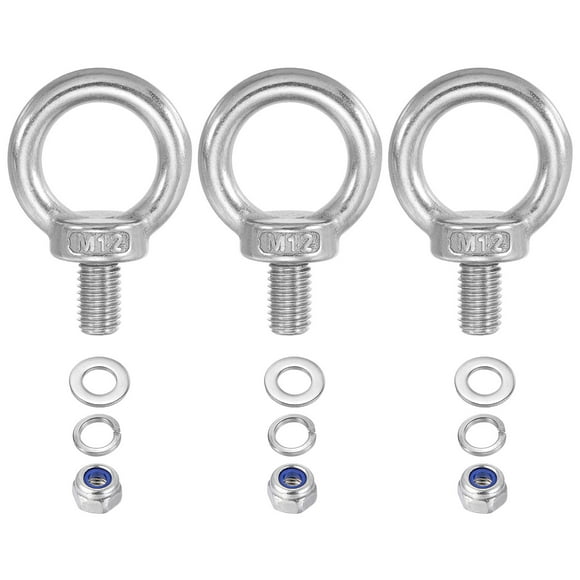 Unique Bargains M12 x 20mm Lifting Shoulder Eye Bolt 304 Stainless Steel Lifting Ring Threaded Eyebolt with Nuts and Washers 3Pcs