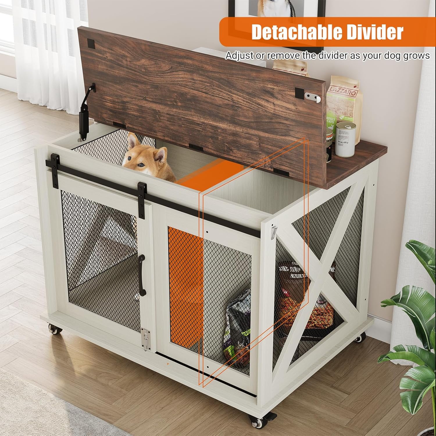 Studyset Dog Crate Furniture with Flip Top, 37" Dog Cage Furniture with Sliding Barn Door, Wheels and Removable Divider, Furniture Style Dog Crate Table, Indoor Dog Kennel for Large Dogs